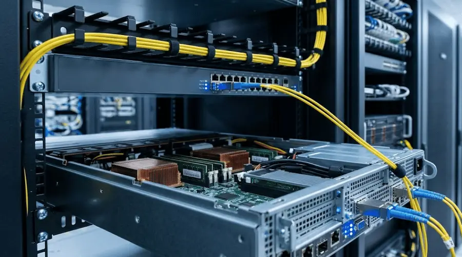 Fiber network card installed in a server with SFP+ transceivers and fiber patch cords Fiber network card installed in a server with SFP+ transceivers and fiber patch cords