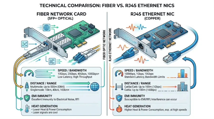 Fiber network card vs RJ45 Ethernet NIC comparison