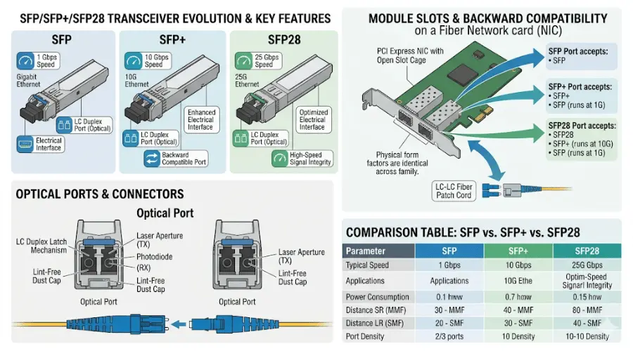 SFP, SFP+, and SFP28 transceiver module comparison for fiber network cards SFP, SFP+, and SFP28 transceiver module comparison for fiber network cards