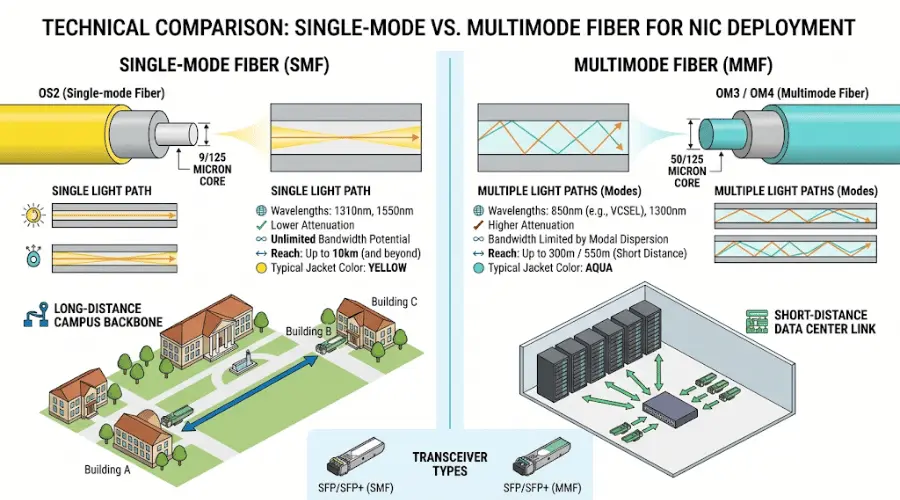 Single-mode vs multimode fiber comparison for fiber NIC transceivers