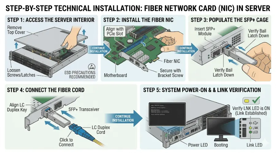 Step-by-step installation of a fiber network card in a server Step-by-step installation of a fiber network card in a server