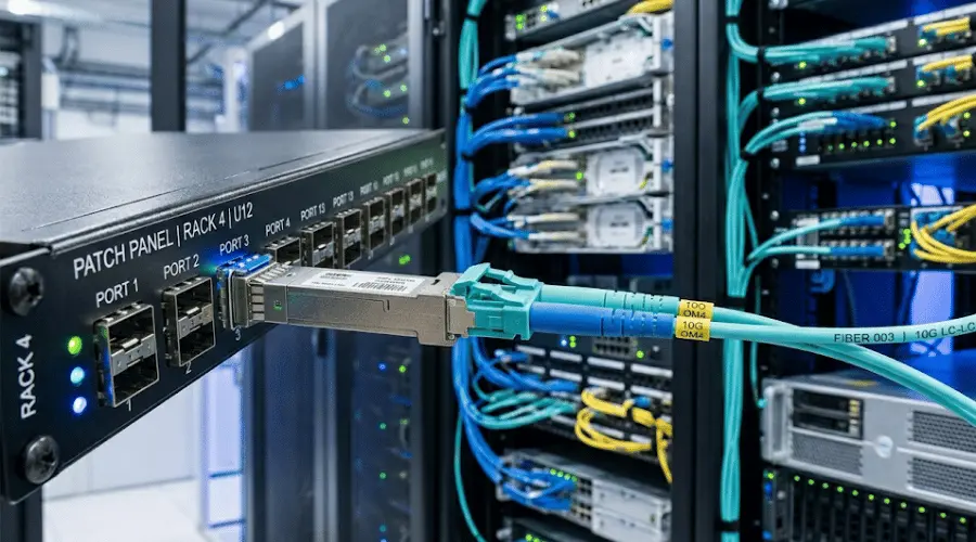 Duplex LC connector plugged into an SFP transceiver in a data center rack