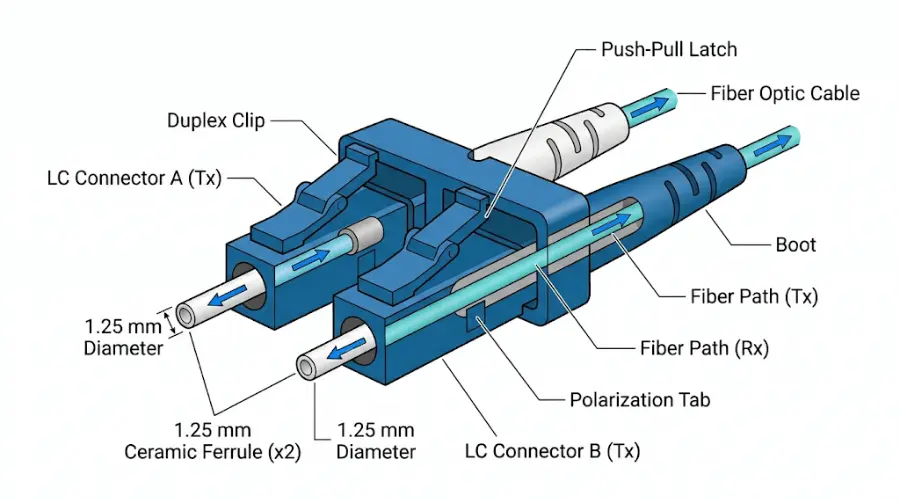 Duplex LC connector structure with two LC ferrules, clip, latch, Tx and Rx fibers