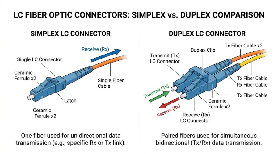 Simplex LC vs duplex LC connector comparison showing one fiber versus Tx and Rx fiber pair