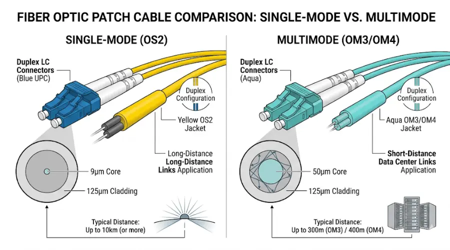 Single-mode and multimode duplex LC patch cable comparison for OS2 and OM3 OM4 fiber Single-mode and multimode duplex LC patch cable comparison for OS2 and OM3 OM4 fiber