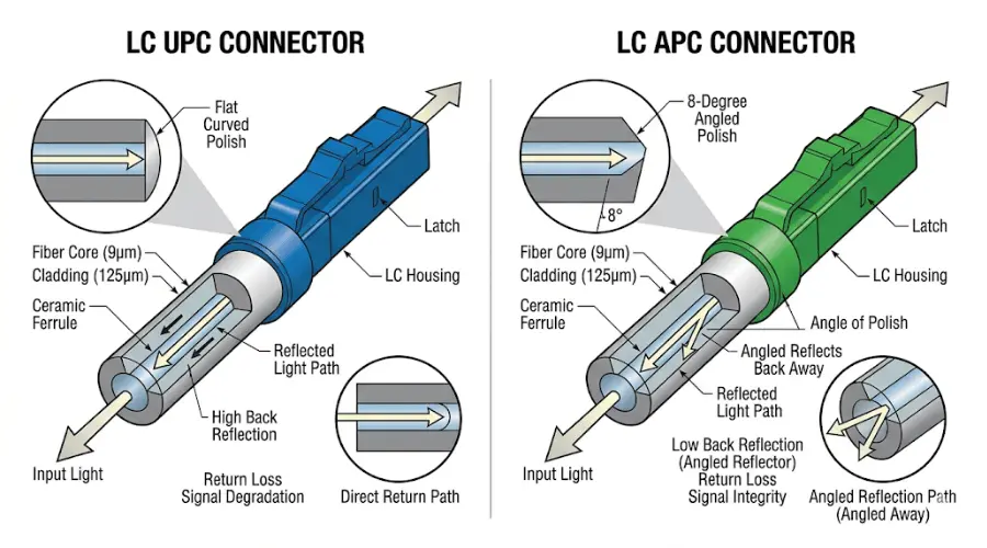 LC UPC vs LC APC connector polish comparison showing flat and angled end faces LC UPC vs LC APC connector polish comparison showing flat and angled end faces
