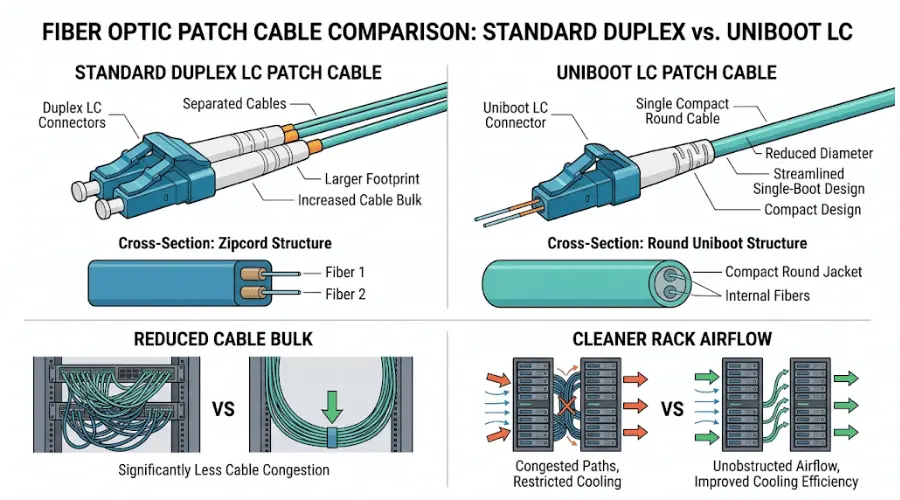 Standard duplex LC cable vs uniboot LC cable showing reduced cable bulk Standard duplex LC cable vs uniboot LC cable showing reduced cable bulk