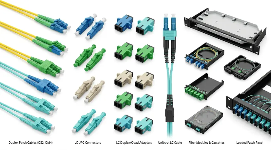 Duplex LC patch cables, LC adapters, UPC APC connectors and fiber patch panel products