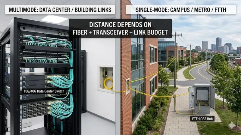 Fiber optic cable distance guide showing multimode short links and single-mode long-distance links