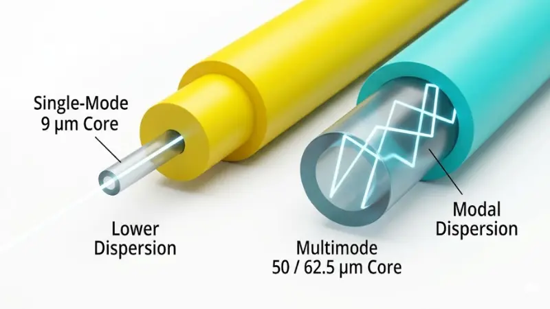 Single-mode and multimode fiber core comparison showing 9 micron and 50 micron core sizes Single-mode and multimode fiber core comparison showing 9 micron and 50 micron core sizes