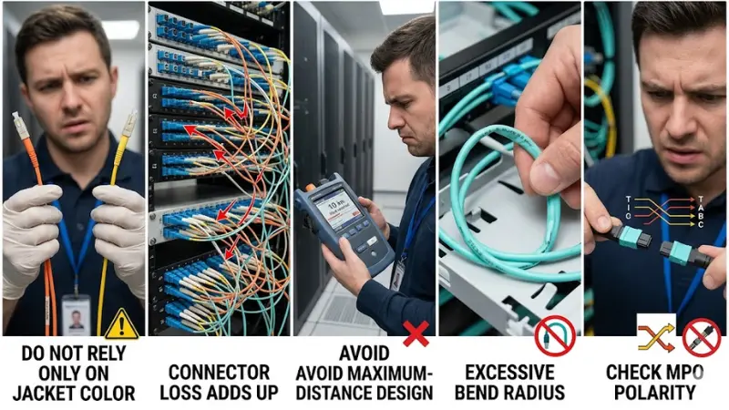 Common fiber optic distance planning mistakes including connector loss bend radius and MPO polarity mismatch