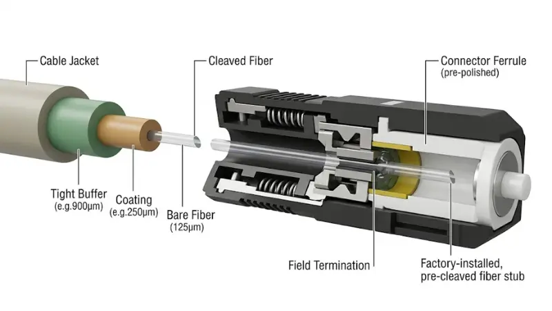 Cutaway view of a fiber optic fast connector showing field termination parts and cleaved fiber insertion Cutaway view of a fiber optic fast connector showing field termination parts and cleaved fiber insertion