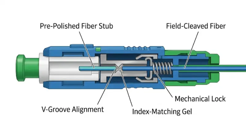 Mechanical splice fiber optic fast connector cutaway showing V-groove alignment and index-matching gel
