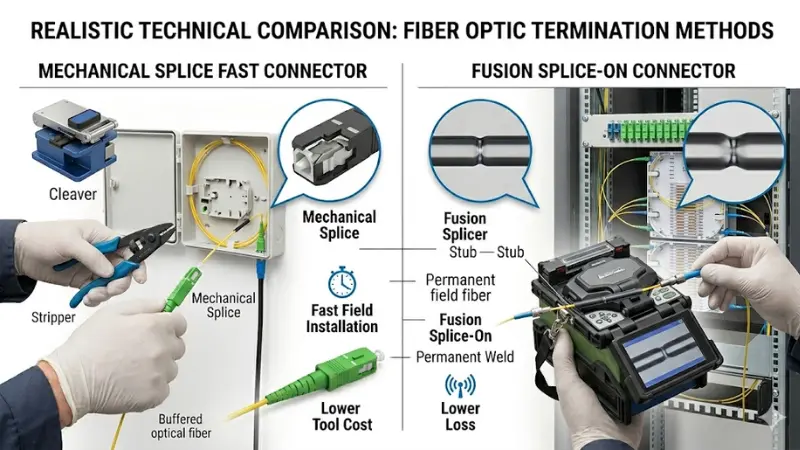 Side-by-side comparison of mechanical splice fast connector and fusion splice-on connector for fiber field termination Side-by-side comparison of mechanical splice fast connector and fusion splice-on connector for fiber field termination