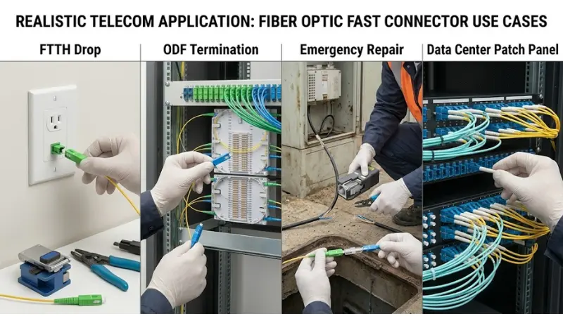 Fiber optic fast connector application scenarios including FTTH drop ODF termination emergency repair and data center patch panel