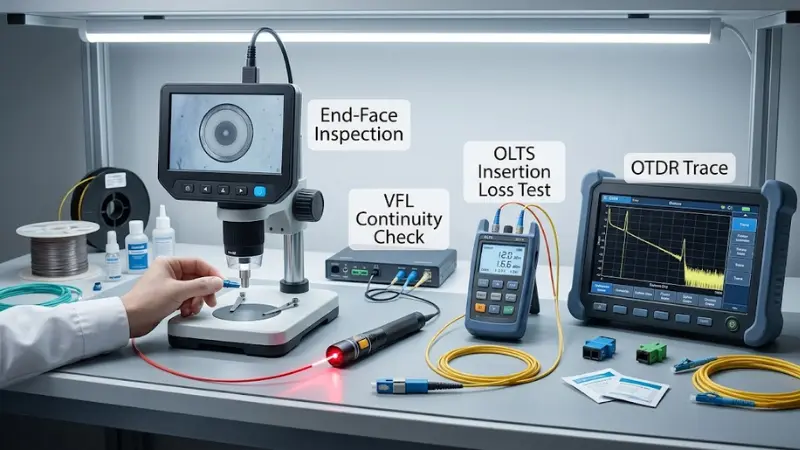 Fiber optic fast connector inspection and testing with microscope VFL OLTS and OTDR equipment