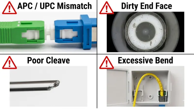 Common fiber optic fast connector installation mistakes including APC UPC mismatch dirty end face poor cleave and excessive bend