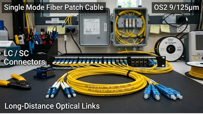 Single mode fiber patch cable with LC and SC connectors for telecom, FTTH and data center networks Single mode fiber patch cable with LC and SC connectors for telecom, FTTH and data center networks