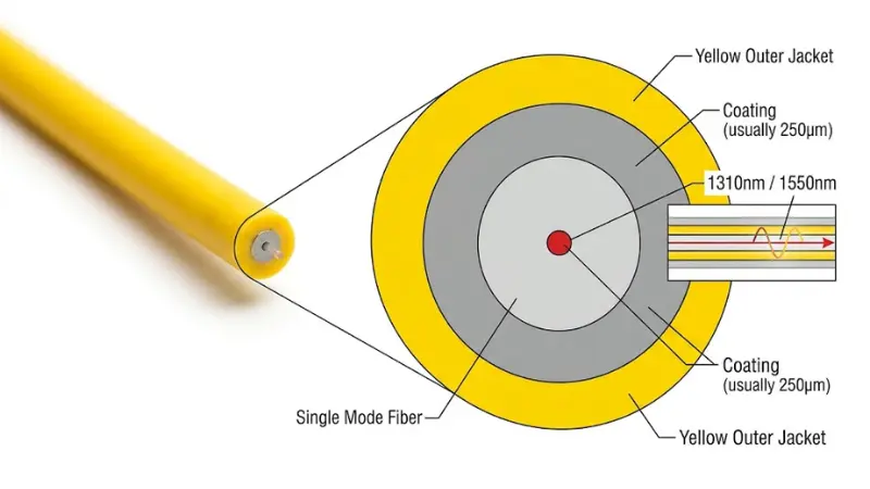 9/125µm single mode fiber structure showing core, cladding and operating wavelengths 9/125µm single mode fiber structure showing core, cladding and operating wavelengths