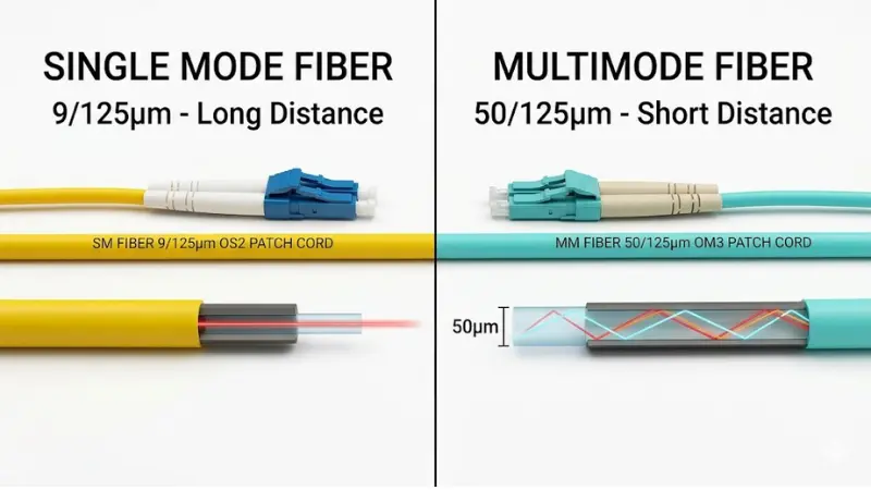 Single mode vs multimode fiber patch cable comparison for long distance and short distance links