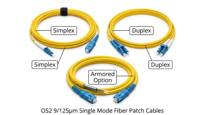 Simplex duplex and armored OS2 single mode fiber patch cable types