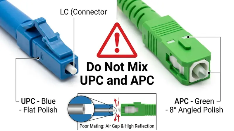 UPC and APC fiber connector polish comparison with warning not to mix blue UPC and green APC connectors UPC and APC fiber connector polish comparison with warning not to mix blue UPC and green APC connectors