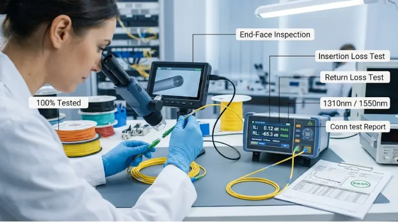 Fiber optic patch cable end face inspection insertion loss and return loss testing
